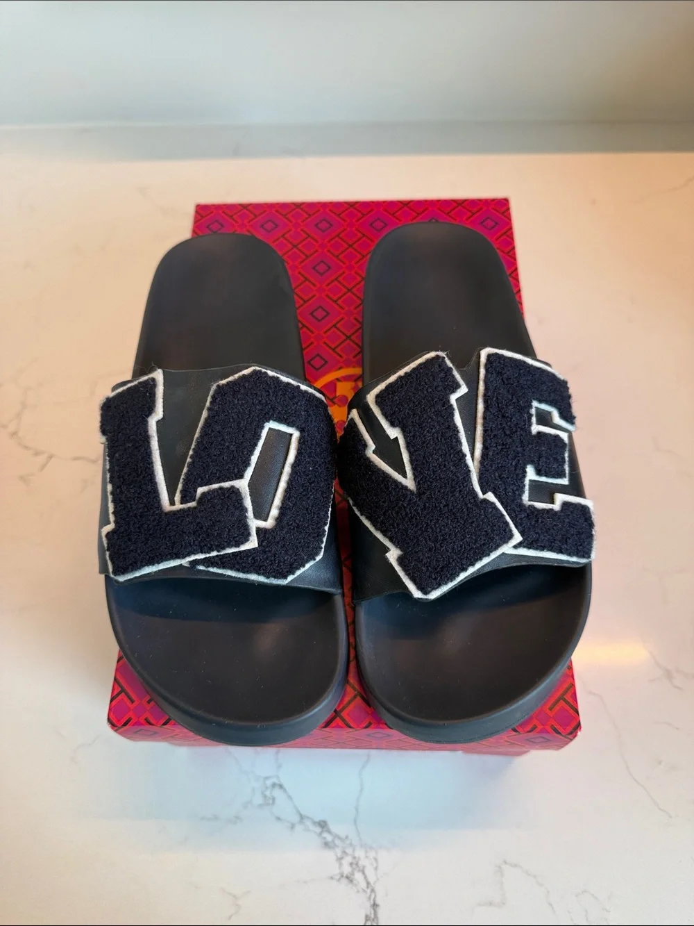 Tory Burch Black Slides with 'LOVE' Terry-Lettering Navy